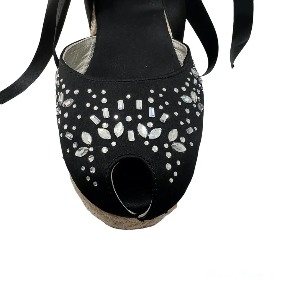 ANNE KLEIN BLACK SATIN WEDGE PEEP TOE ESPADRILLES W SATIN ANKLE WRAP & CRYSTALS
